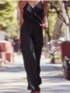 Victoria’s Secret Black Satin Silky Wide Leg Jumpsuit Romper Size Medium NWT
